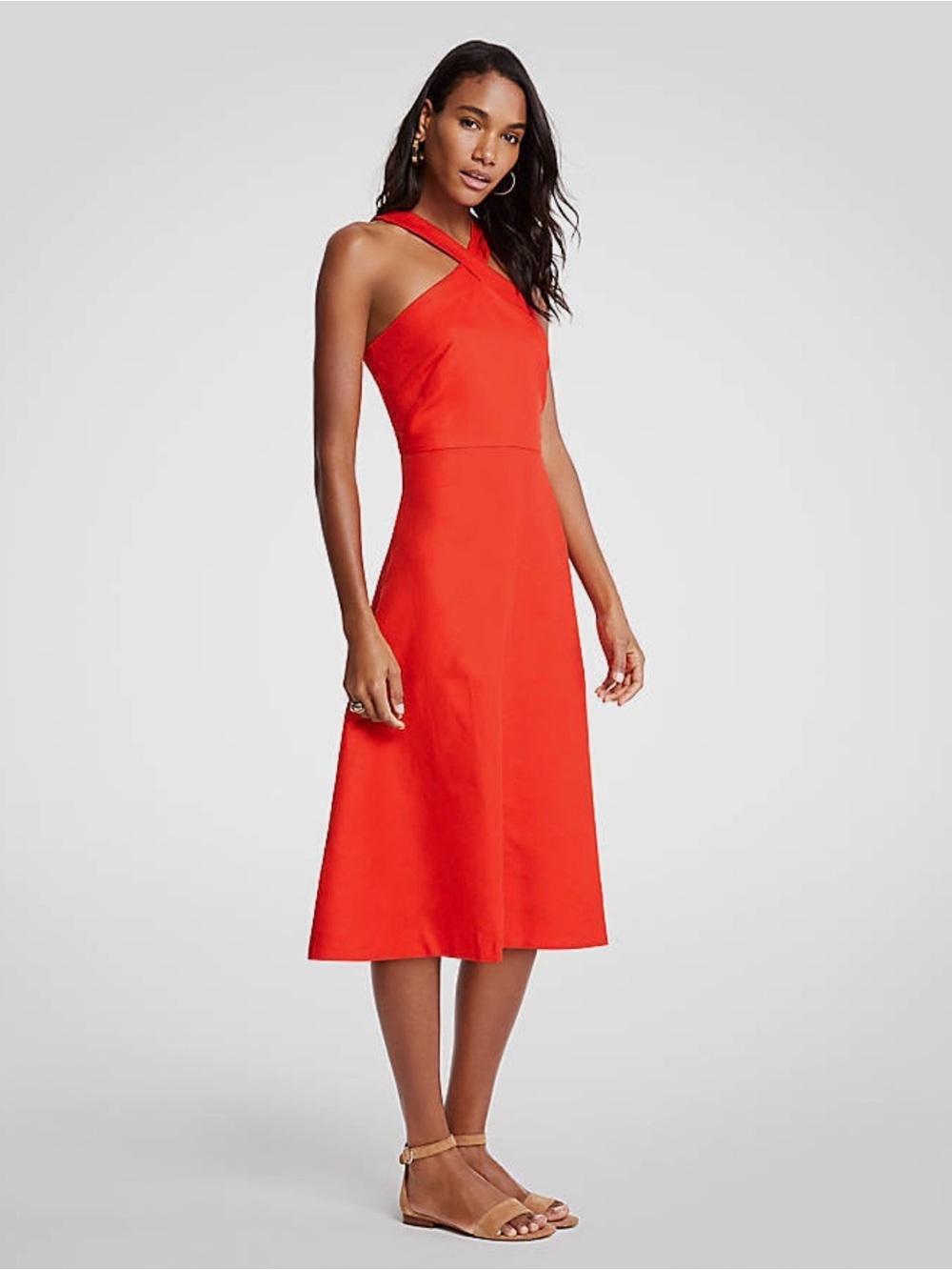 Ann Taylor Red Orange Cross Neck Midi A-Line Dress